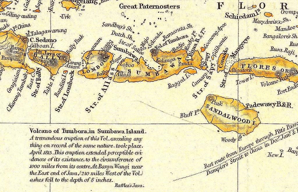Sumbawa Histrocal Map with Mount Tambora